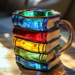 Farbenfrohe Tasse im Buchstil