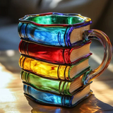 Farbenfrohe Tasse im Buchstil