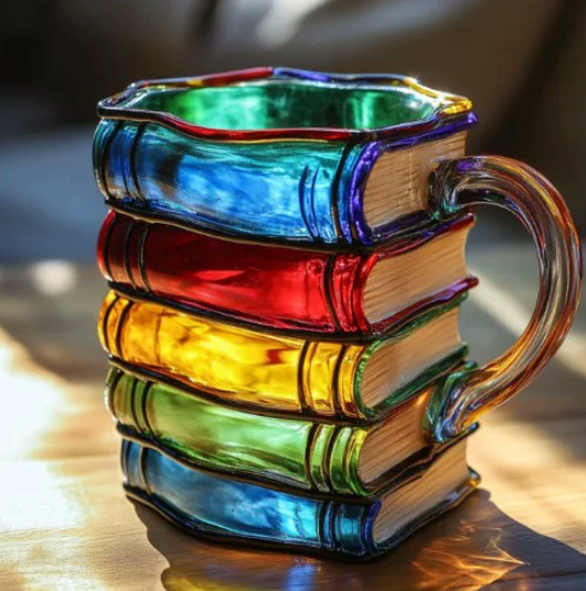 Farbenfrohe Tasse im Buchstil