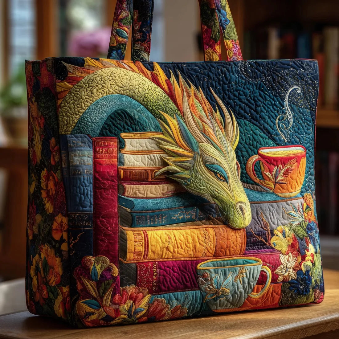 Drachen-Schultertasche mit Büchern und Tassen