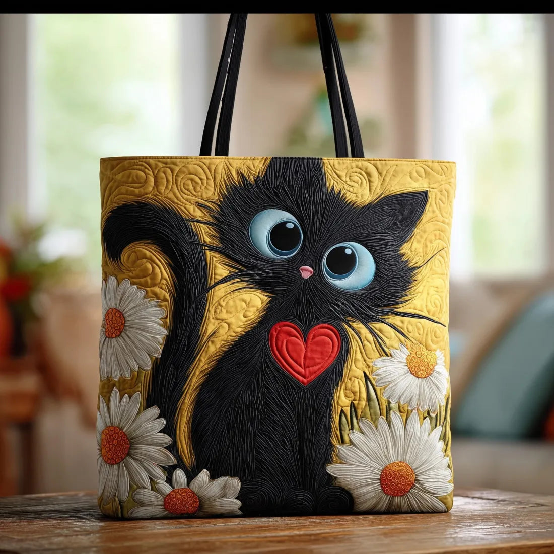 schwarze Katzen Tasche mit Herz und Gänseblümchen